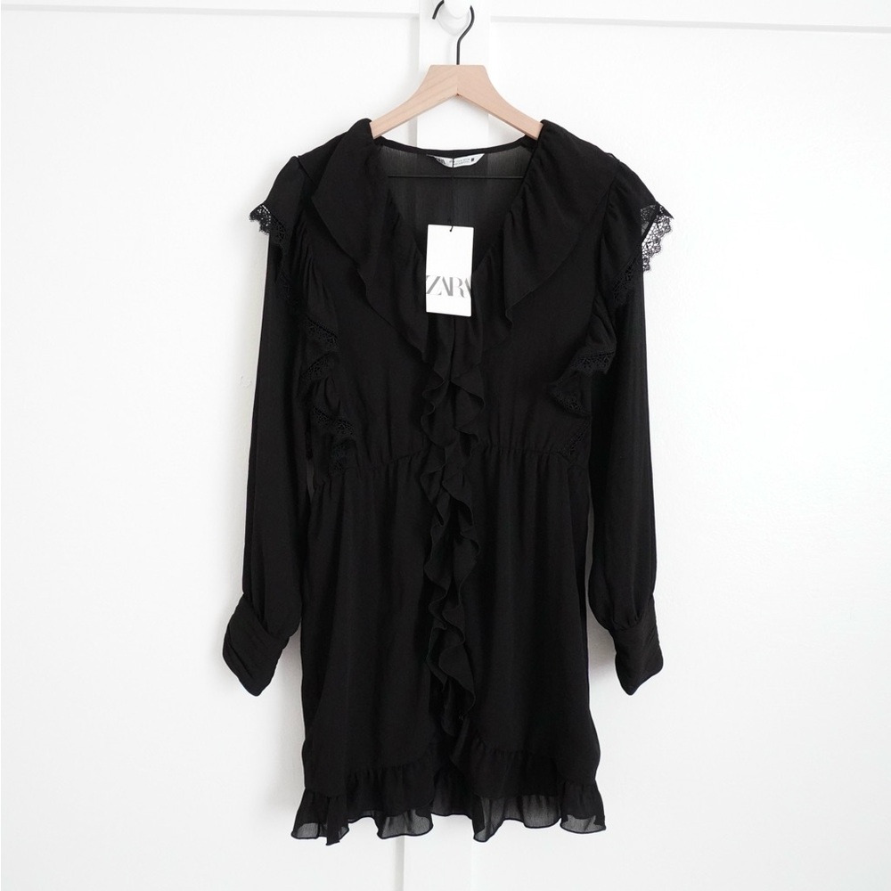 Zara Black Ruffle Long Sleeve Mini Dress